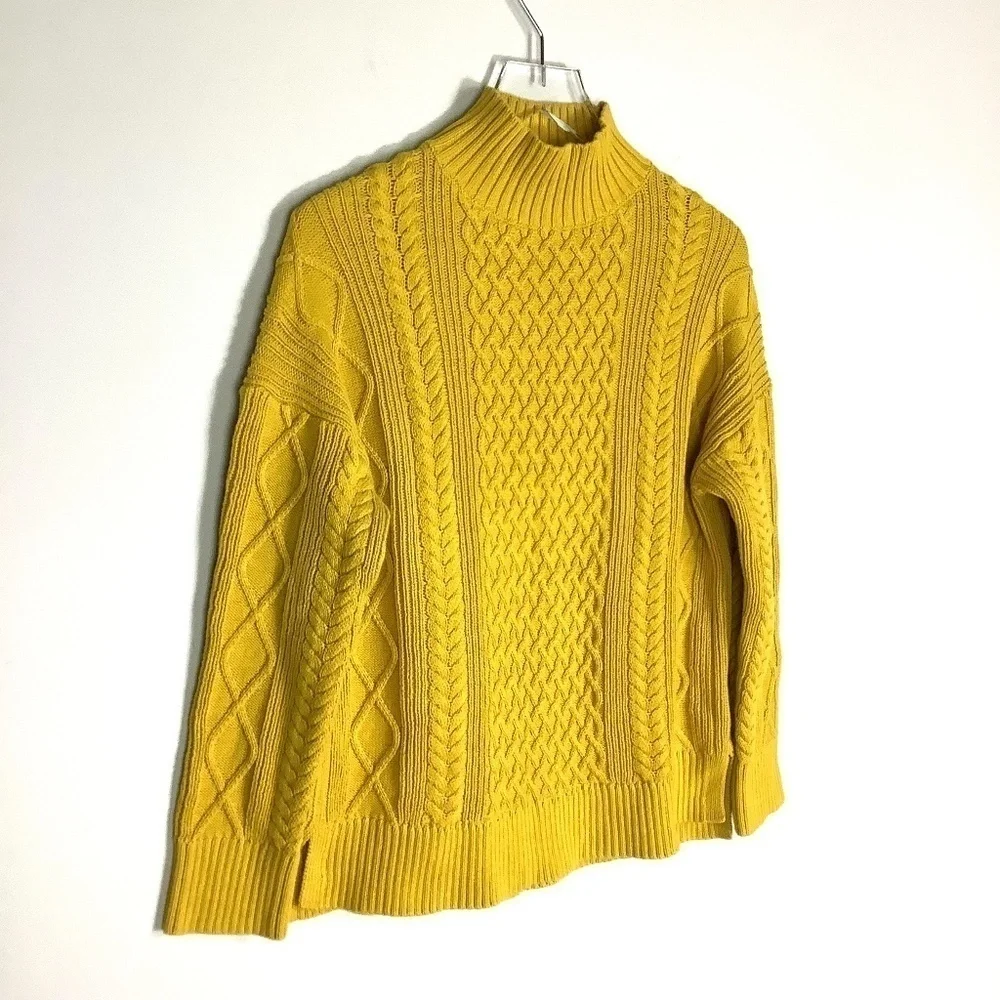J. Crew Sweater S Chunky Cable Knit Mock Neck Mustard‎  Golden Chartreuse S